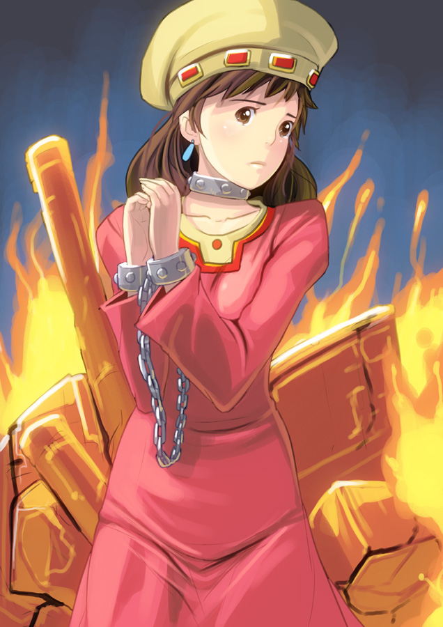 kouno (masao), lastelle, kaze no tani no nausicaa, studio ghibli, 1980s (style), bad id, bad pixiv id, 1girl, brown eyes, brown hair, chain, collar, cowboy shot, female focus, oldschool, retro artstyle, solo