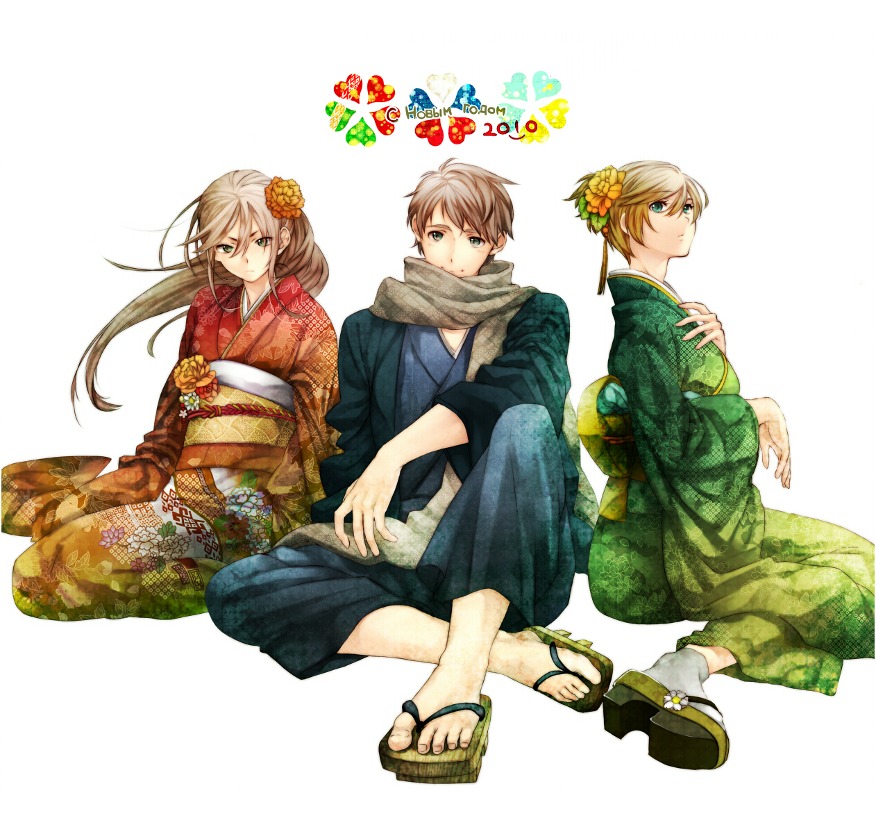 hana (yui), belarus (hetalia), russia (hetalia), ukraine (hetalia), axis powers hetalia, bad id, bad pixiv id, 00s, 10s, 1boy, 2010, 2girls, brother and sister, japanese clothes, kimono, multiple girls, siblings, simple background, white background