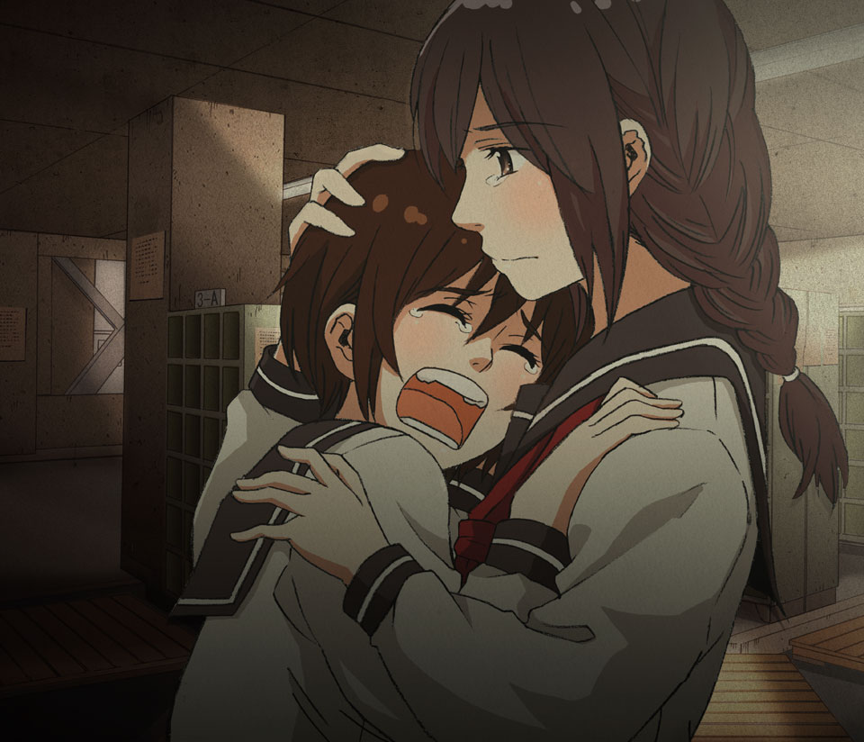 itou hiroyuki (caravina), iwai akiyuki, original, bad id, bad pixiv id, 2girls, braid, brown eyes, brown hair, comforting, hug, long hair, multiple girls, school, school uniform, serafuku, short hair, tears