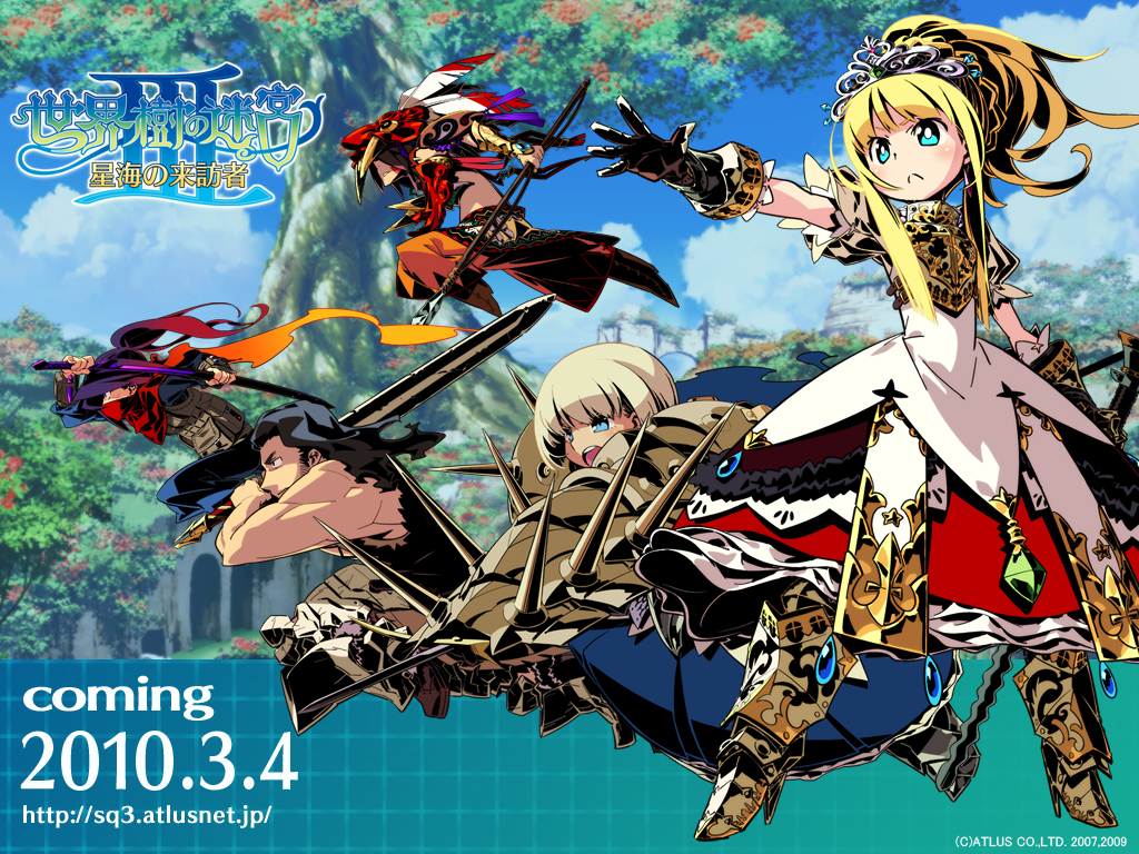 beast king (sekaiju), phalanx (sekaiju), phalanx 2 (sekaiju), princess (sekaiju), princess 2 (sekaiju), shinobi (sekaiju), shinobi 1 (sekaiju), warrior (sekaiju), warrior 1 (sekaiju), atlus, etrian odyssey, official art, official wallpaper, 2girls, 3boys, armor, blonde hair, blue eyes, multiple boys, multiple girls, polearm, spear, sword, weapon