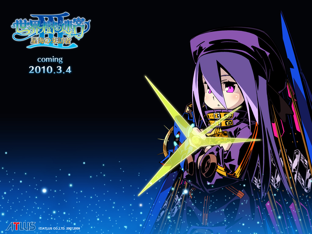 zodiac (sekaiju), atlus, etrian odyssey, official art, official wallpaper, hat, long hair, pink eyes, purple hair, solo