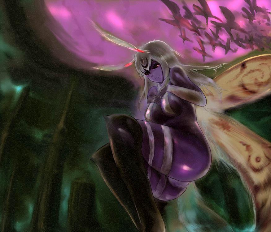 un do, silver hair, arthropod girl, ass, black sclera, breasts, bug, colored sclera, colored skin, monster girl, moth, moth girl, purple skin, wings