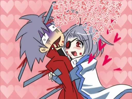 nu-13, ragna the bloodedge, arc system works, blazblue, translated, 1boy, 1girl, ahoge, bad end, blood, blush, constricted pupils, death, eyepatch, grey hair, guro, heart, heart background, hug, impaled, pink background, red eyes, short hair, turn pale