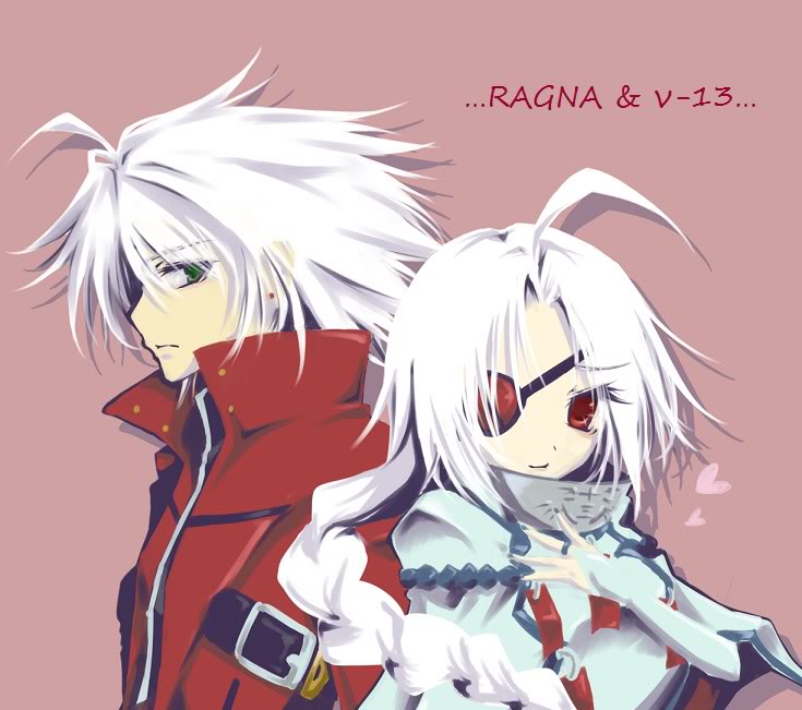 mono (sa), nu-13, ragna the bloodedge, arc system works, blazblue, 1boy, 1girl, ahoge, braid, character name, eyepatch, heart, white hair