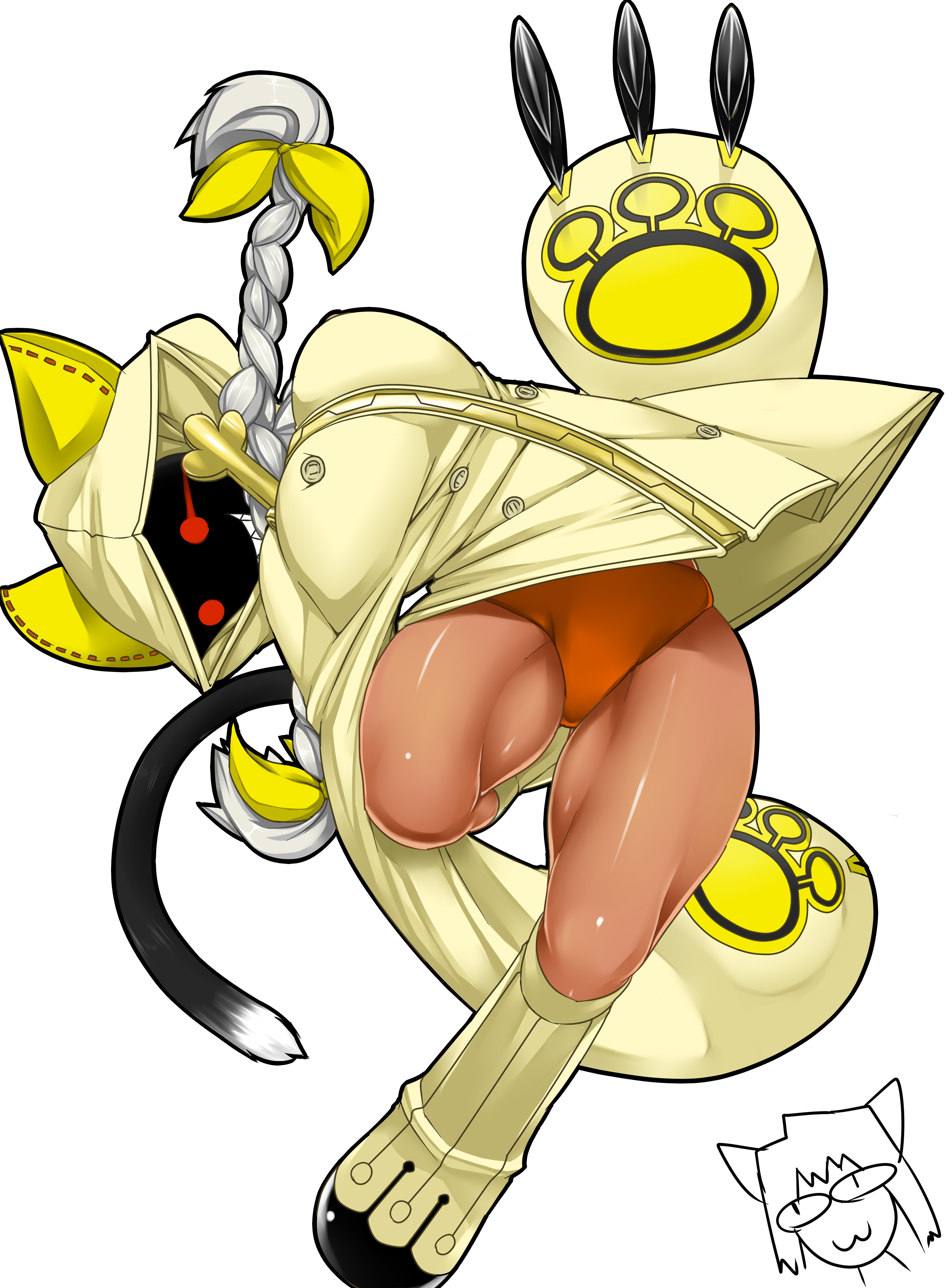 lappuru, neco-arc, taokaka, arc system works, blazblue, absurdres, highres, 2girls, animal ears, animal hood, bent over, braid, breasts, cat ears, cat hood, cat tail, claws, grin, hood, hoodie, huge breasts, long hair, multiple girls, panties, red eyes, smile, tail, thighs, twin braids, underwear