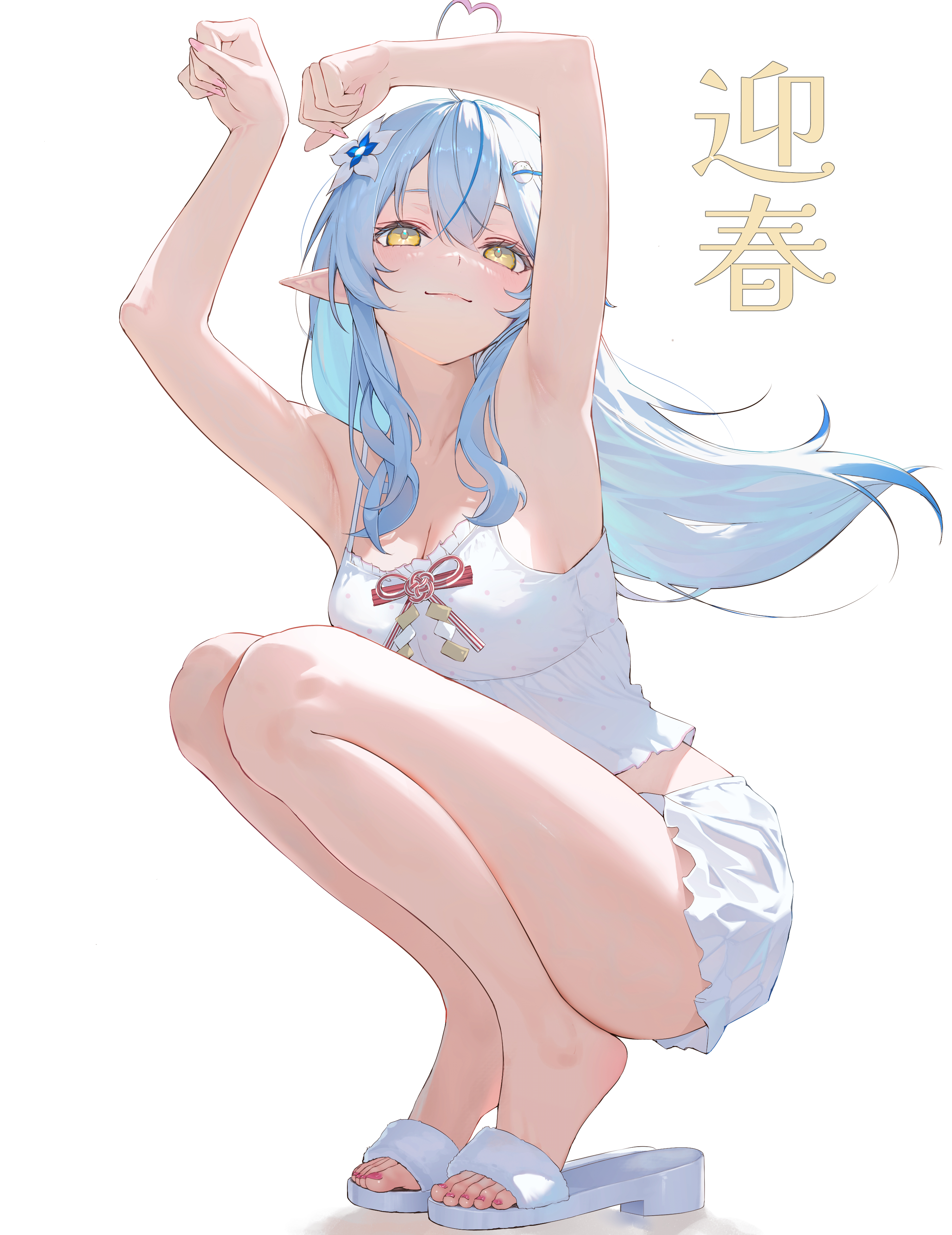 sharc, yukihana lamy, yukihana lamy (roomwear), hololive, absurdres, commentary request, highres, translation request, 1girl, ahoge, armpits, arms up, blue hair, breasts, camisole, crossed bangs, double-parted bangs, flower, frilled camisole, frills, full body, hair between eyes, hair flower, hair ornament, heart, heart ahoge, large breasts, looking at viewer, multicolored hair, official alternate costume, pointy ears, polka dot camisole, sandals, short shorts, shorts, sidelocks, simple background, solo, squatting, streaked hair, toes, virtual youtuber, white background, white camisole, white shorts, yellow eyes