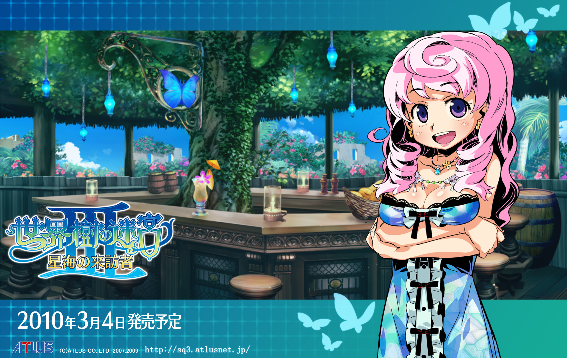 himukai yuuji, missy (sekaiju), atlus, etrian odyssey, sekaiju no meikyuu, sekaiju no meikyuu 3, breast hold, highres, official art, official wallpaper, breasts, long hair, pink hair, purple eyes, solo