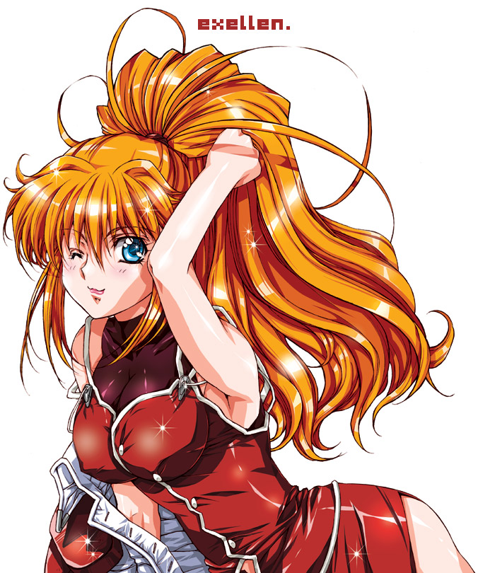 mi mori nana tsutomu, excellen browning, banpresto, super robot wars, 1girl, blue eyes, breasts, female focus, large breasts, one eye closed, ponytail, solo, sparkle, wink