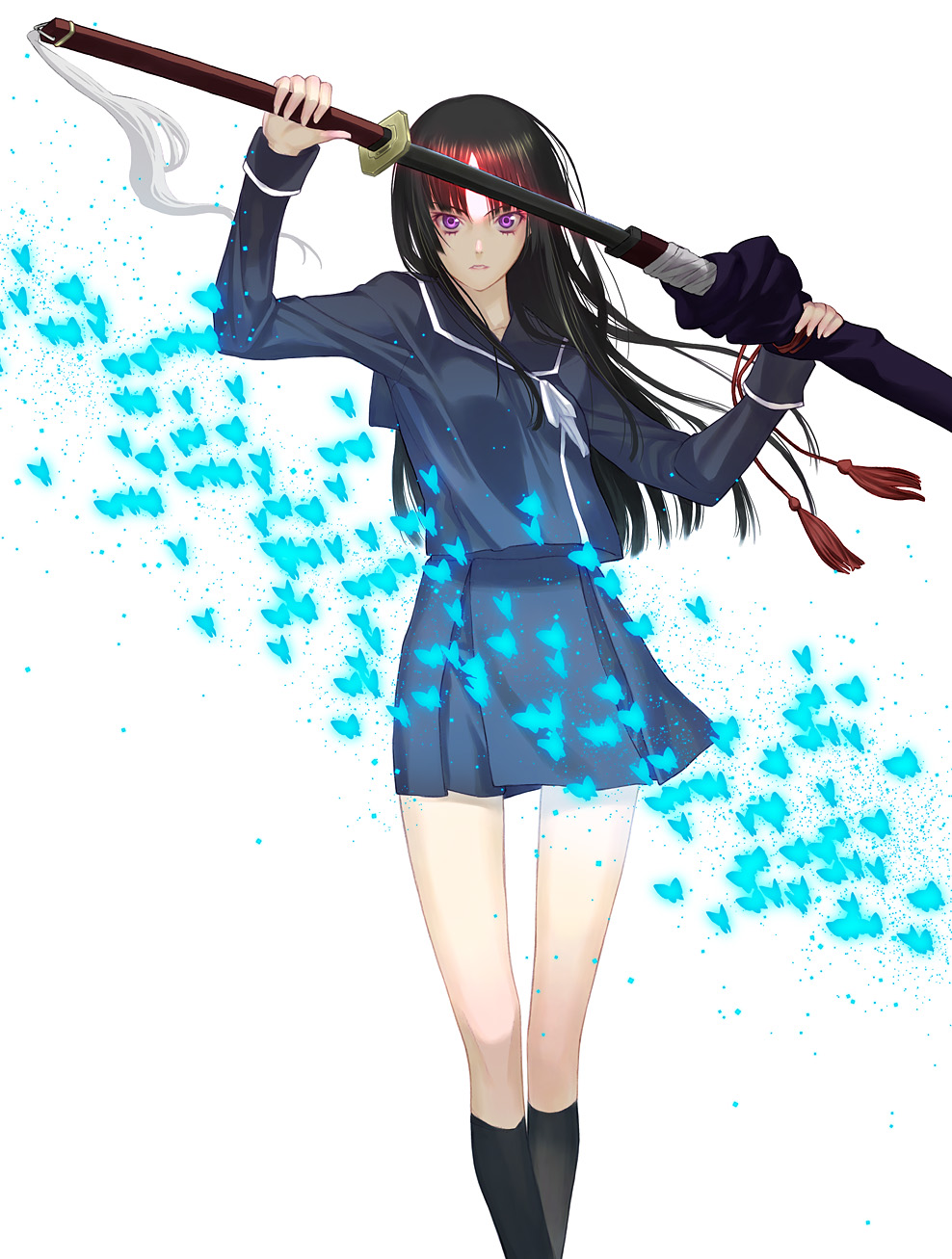 sakamoto mineji, isayama yomi, ga-rei, ga-rei zero, highres, 00s, 1girl, black hair, blunt bangs, bug, butterfly, female focus, hime cut, insect, katana, long hair, purple eyes, school uniform, sheath, short hair, solo, sword, unsheathing, weapon