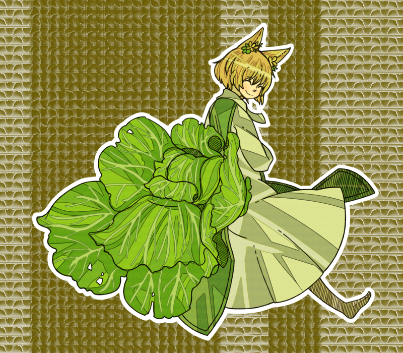 uewtsol, yakumo ran, touhou, vegetation, 1girl, animal ears, blonde hair, cabbage, dress, female focus, fox ears, green dress, pun, short hair, solo