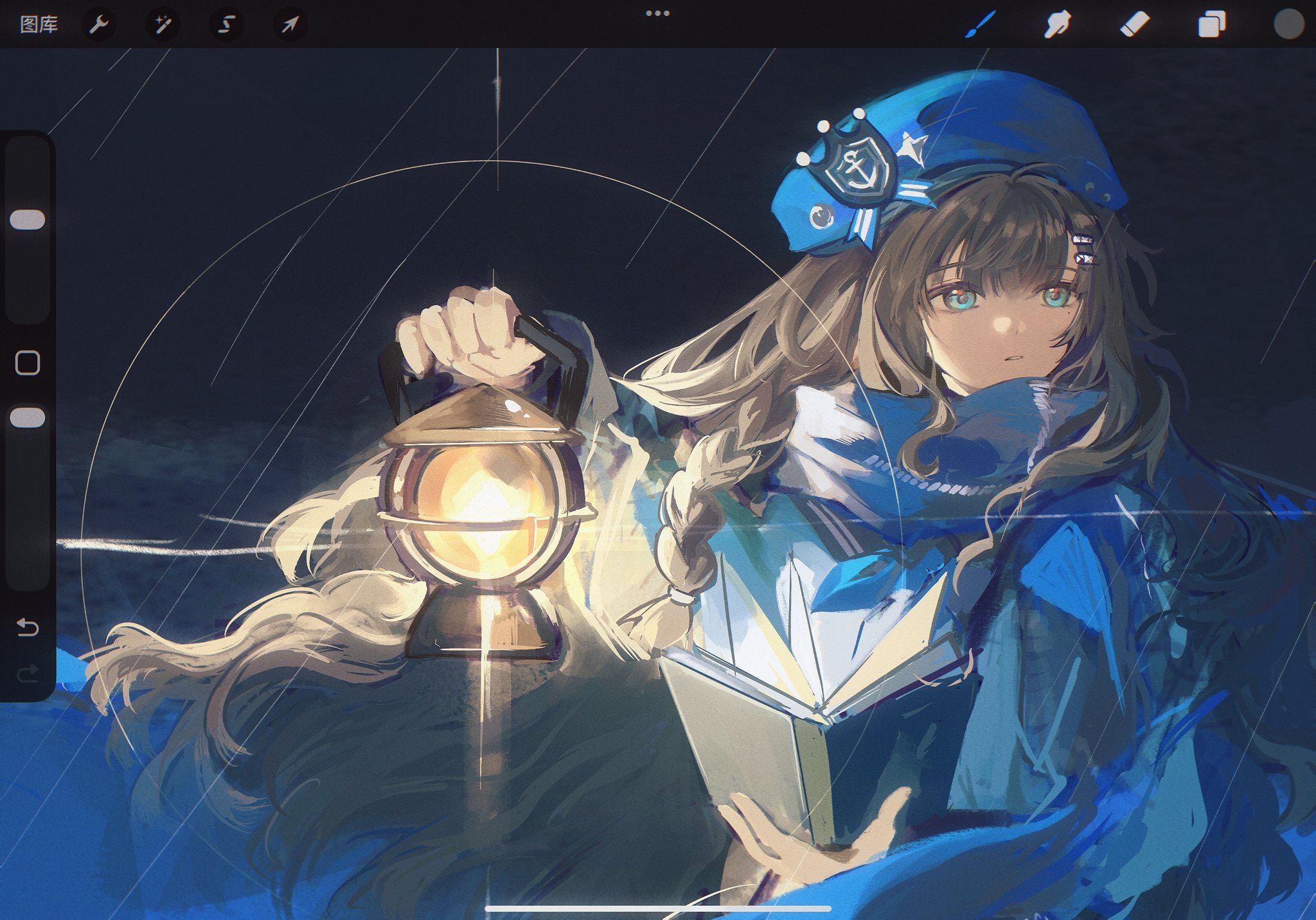 kashima (bianjing baopo), marcus (reverse:1999), reverse:1999, hashtag-only commentary, highres, 1girl, anchor hat ornament, art program in frame, beret, blue eyes, blue hat, blue scarf, book, brown hair, dark background, dress, hands up, hat, hat ornament, holding, holding book, holding lantern, lantern, long hair, looking to the side, open book, procreate (software), scarf, solo, upper body, white dress