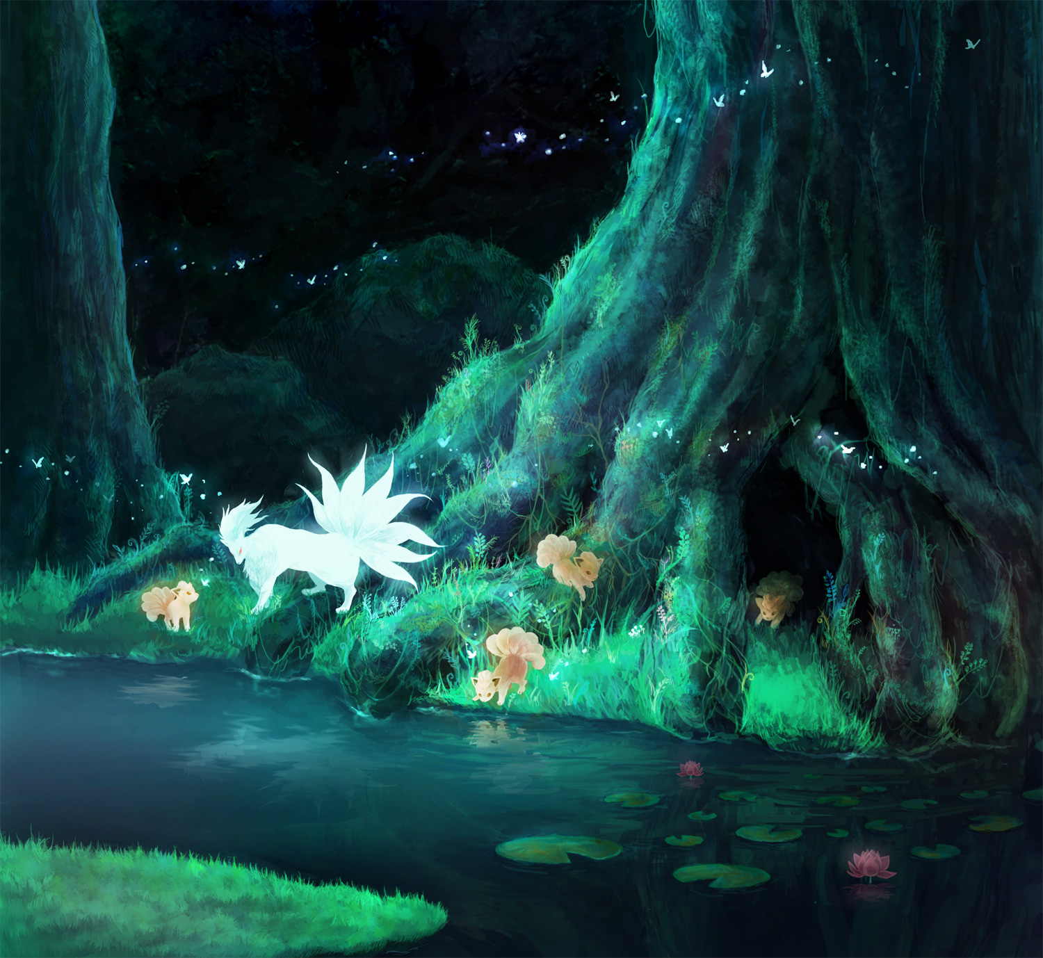 nazumu, ninetales, vulpix, nintendo, pokemon, pokemon rgby, bad id, bad pixiv id, highres, 1990s (style), alternate color, boulder, bug, butterfly, evolutionary line, forest, gen 1 pokemon, grass, insect, lily pad, moss, nature, no humans, pokemon (creature), reflection, retro artstyle, shiny pokemon, tree, water