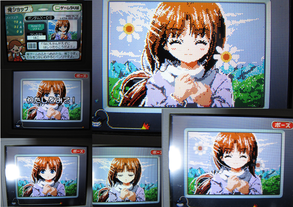 studiokougubako, tiffa adill, after war gundam x, gundam, warioware, screencap, photo (medium), translation request, 1girl, blue eyes, brown hair, flower, game console, multiple expressions, pixel art, ponytail, screen, wii
