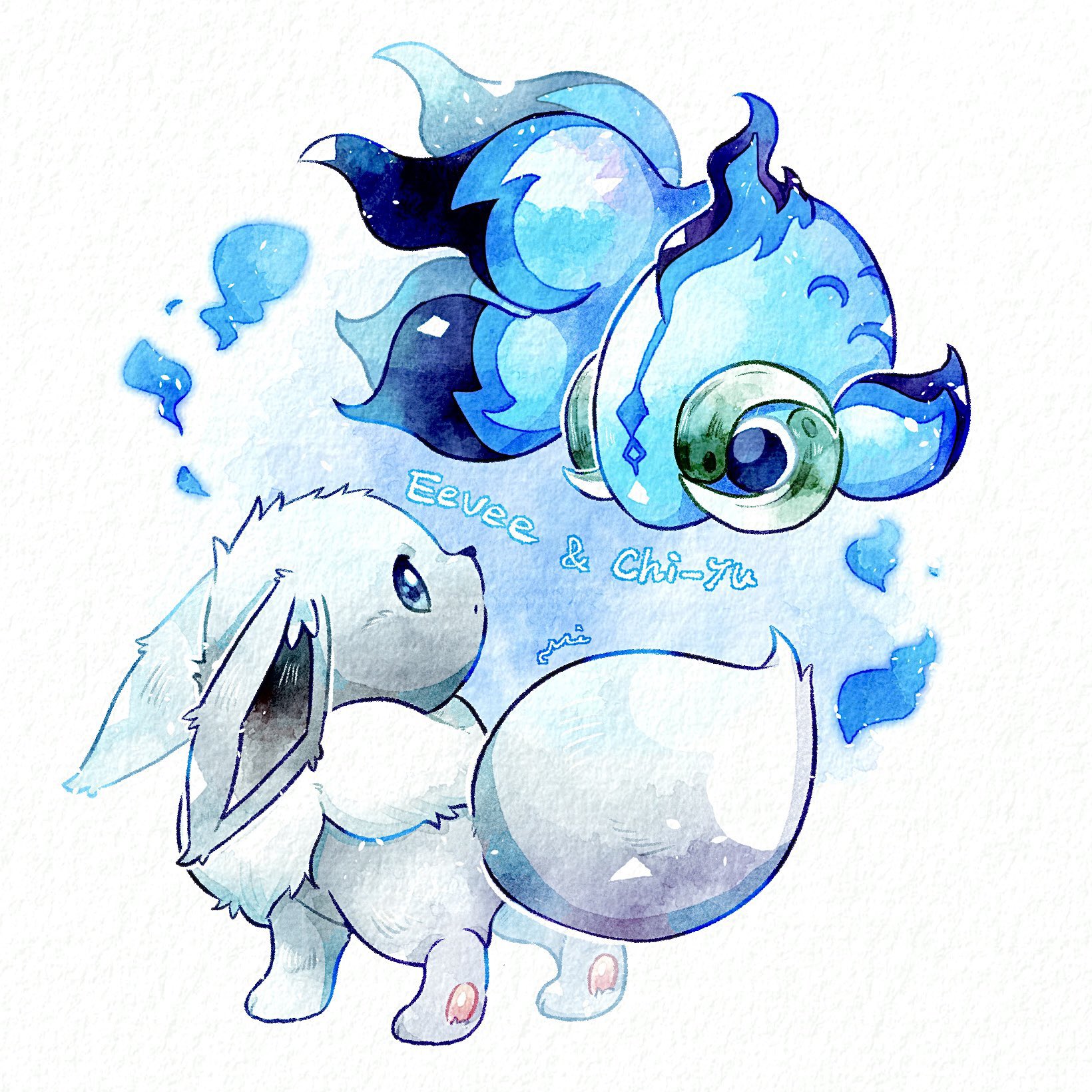 miketoevecan, chi-yu (pokemon), eevee, nintendo, pokemon, hashtag-only commentary, highres, alternate color, animal focus, blue eyes, character name, fish, fluffy, full body, gen 1 pokemon, goldfish, grey fur, looking at another, neck fur, no humans, pawpads, pokemon (creature), pokemon focus, shiny pokemon, simple background, standing, white background, white fur