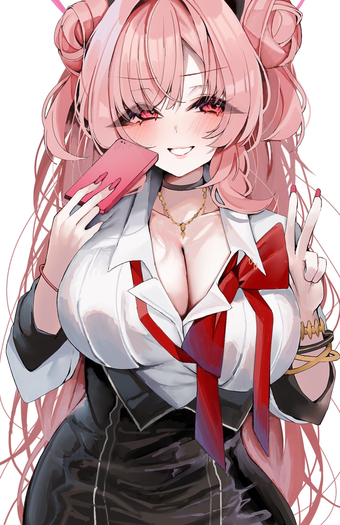 ichigo moka, kirara (blue archive), blue archive, commentary request, highres, textless version, 1girl, :d, black choker, black skirt, blush, bracelet, breasts, choker, cleavage, crossed bangs, demon horns, double bun, eyes visible through hair, fake horns, hair between eyes, hair bun, hair over eyes, halo, hand up, holding, holding phone, horns, huge breasts, jewelry, long hair, looking to the side, musical note, nail polish, necklace, open mouth, phone, pink hair, red eyes, shirt, skirt, smile, solo, teeth, underbust, upper body, v, white background, white shirt