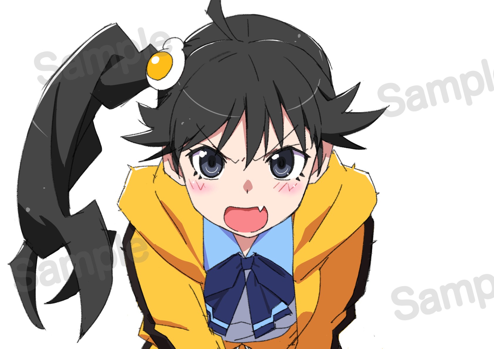 itoma mahimahi, araragi karen, monogatari (series), commentary request, commission, highres, skeb commission, 1girl, black eyes, black hair, egg hair ornament, food-themed hair ornament, hair ornament, jacket, long hair, looking at viewer, open mouth, sample watermark, side ponytail, solo, track jacket, watermark