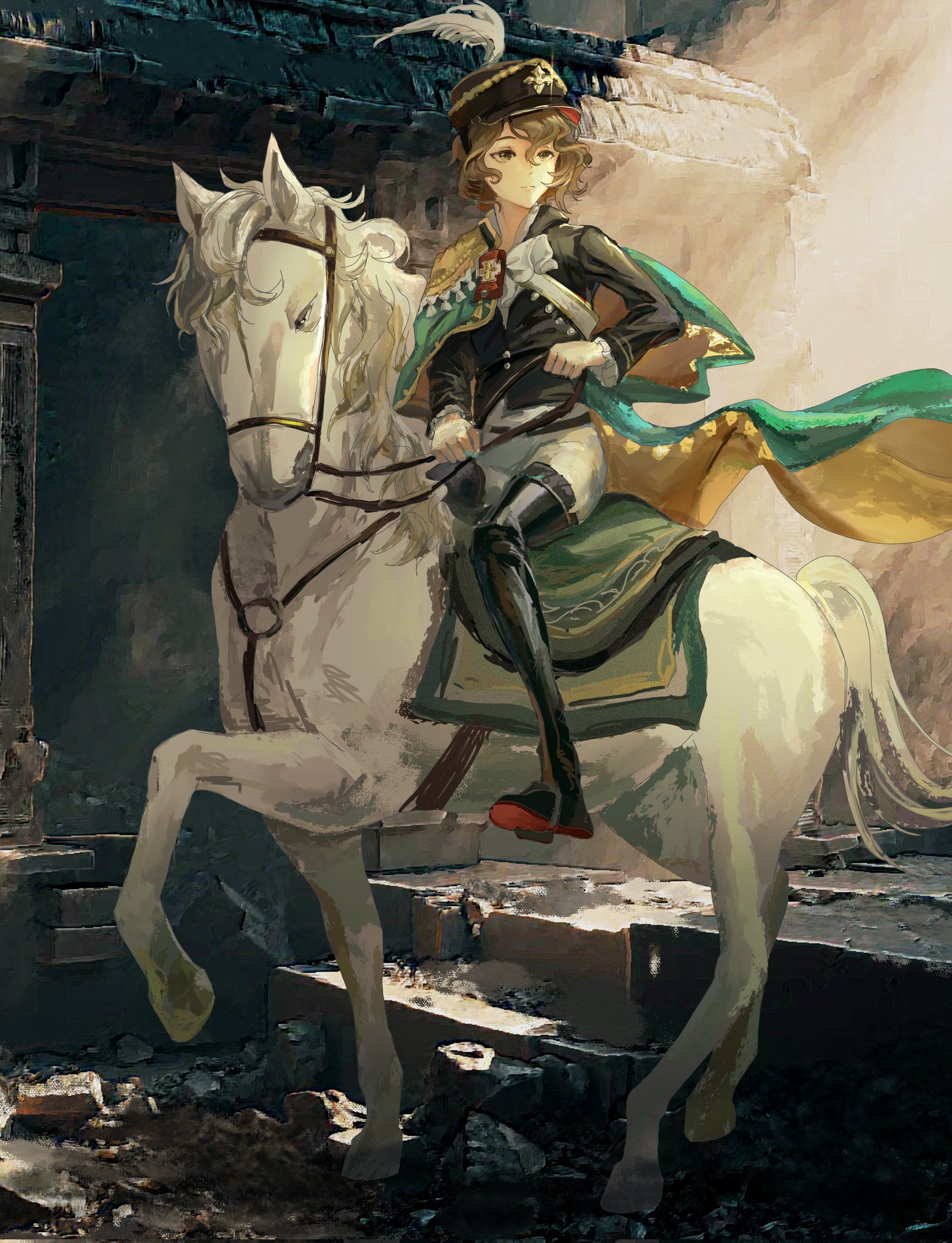 recoleta (reverse:1999), reverse:1999, hashtag-only commentary, highres, 1girl, ascot, black boots, black hat, black jacket, boots, brown hair, cape, full body, green cape, green eyes, hat, holding, holding reins, horseback riding, jacket, looking to the side, pants, reins, riding, saddle, san1tize2, short hair, solo, thigh boots, white ascot, white horse, white pants