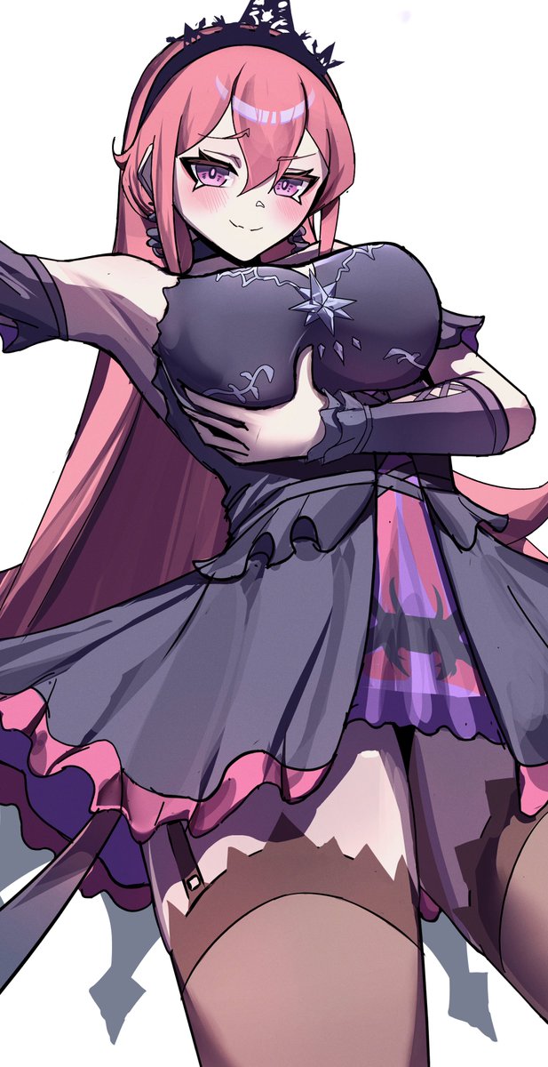 silva arts, runie ruse, phase connect, commentary, commission, highres, photo-referenced, second-party source, 1girl, armpits, black dress, blush, breasts, closed mouth, detached sleeves, dress, earrings, garter straps, grabbing own breast, jewelry, long hair, pink hair, purple eyes, smile, solo, thighhighs, virtual youtuber