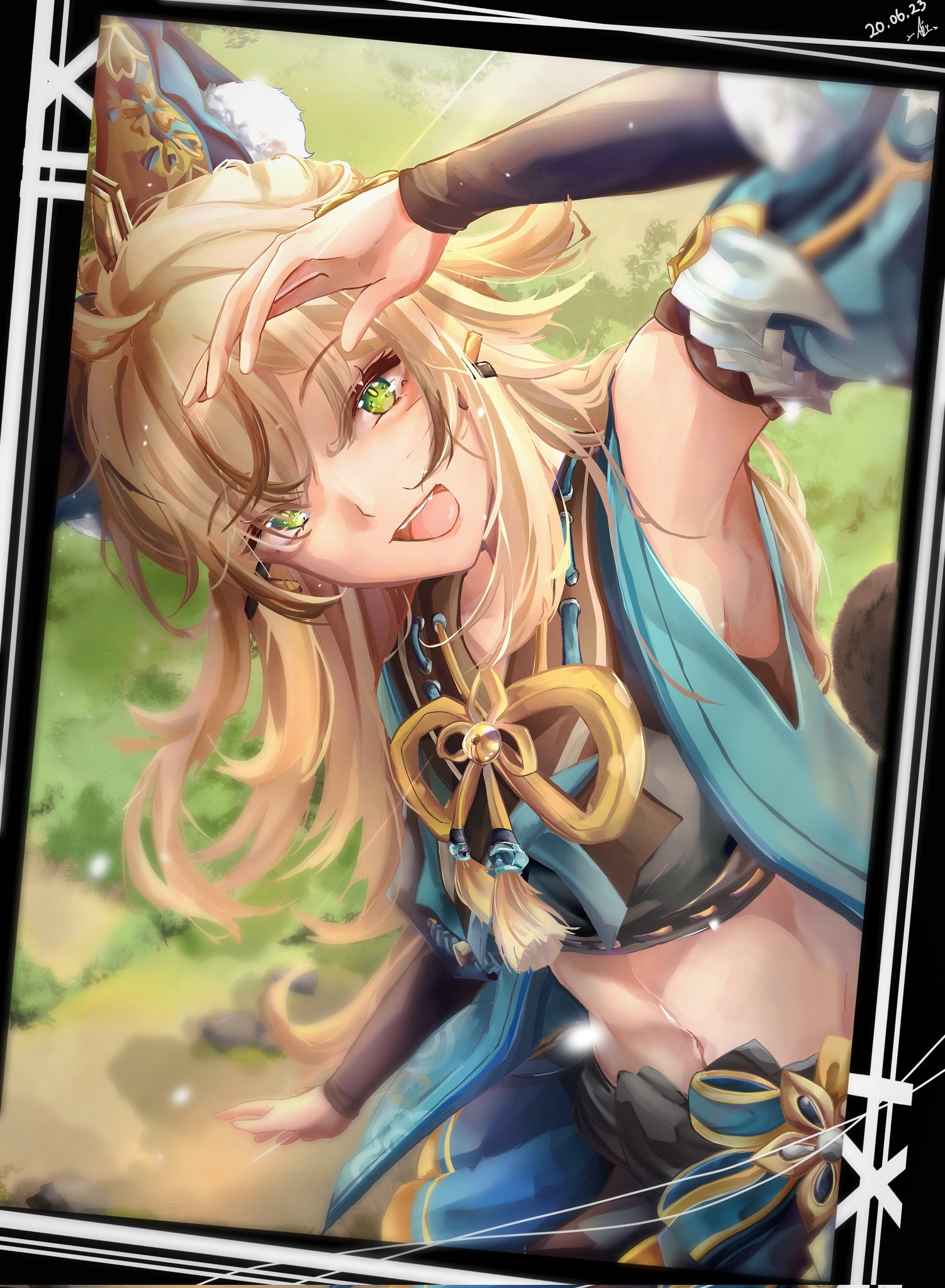 ailyfiia miuri, kirara (genshin impact), genshin impact, commentary, english commentary, highres, 1girl, :d, ahoge, animal ears, armpits, bare shoulders, blonde hair, cat ears, cat girl, green eyes, hair ornament, looking at viewer, midriff, nekomata, open mouth, smile, teeth, upper teeth only