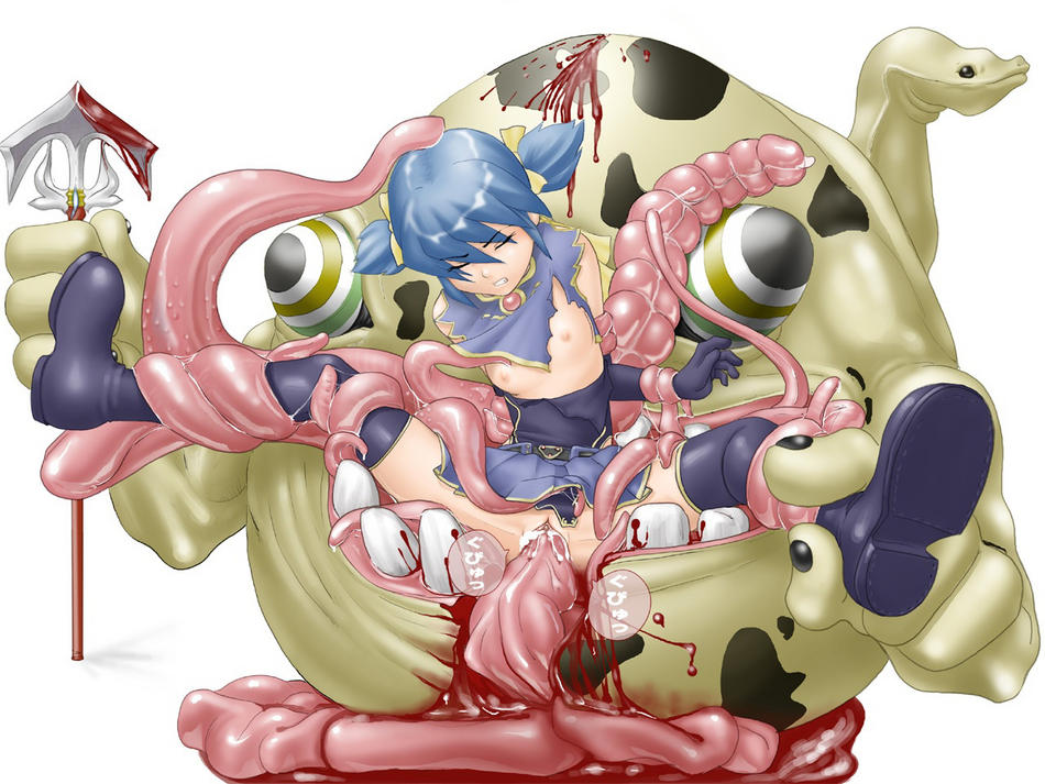 1girl, arms behind back, blood, blue hair, boots, clenched teeth, closed eyes, clothes lift, defloration, female focus, flat chest, guro, leg grab, monster, nipples, rape, skirt, skirt lift, solo, spread legs, teeth, tentacle sex, tentacles, torn clothes, uncensored, vaginal, weapon, white background