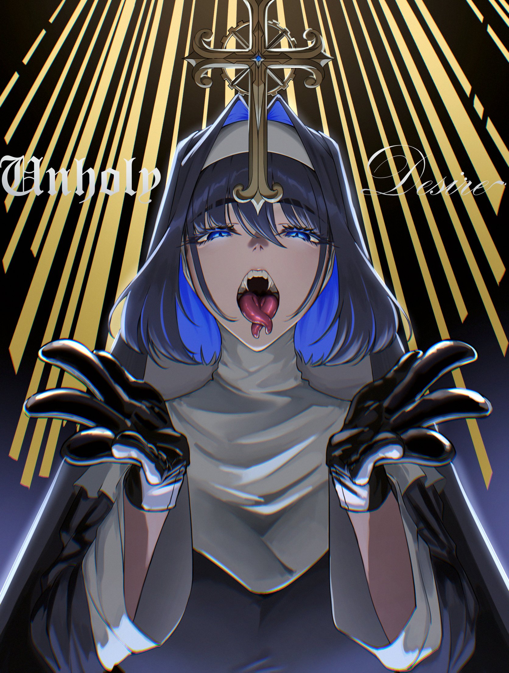 eipanguino, ouro kronii, hololive, hololive english, commentary, english commentary, highres, 1girl, black gloves, black hair, blue eyes, blue hair, colored inner hair, cross, eyelashes, fangs, forked tongue, gloves, multicolored hair, nun, open mouth, short hair, solo, tongue, tongue out, upper body, virtual youtuber