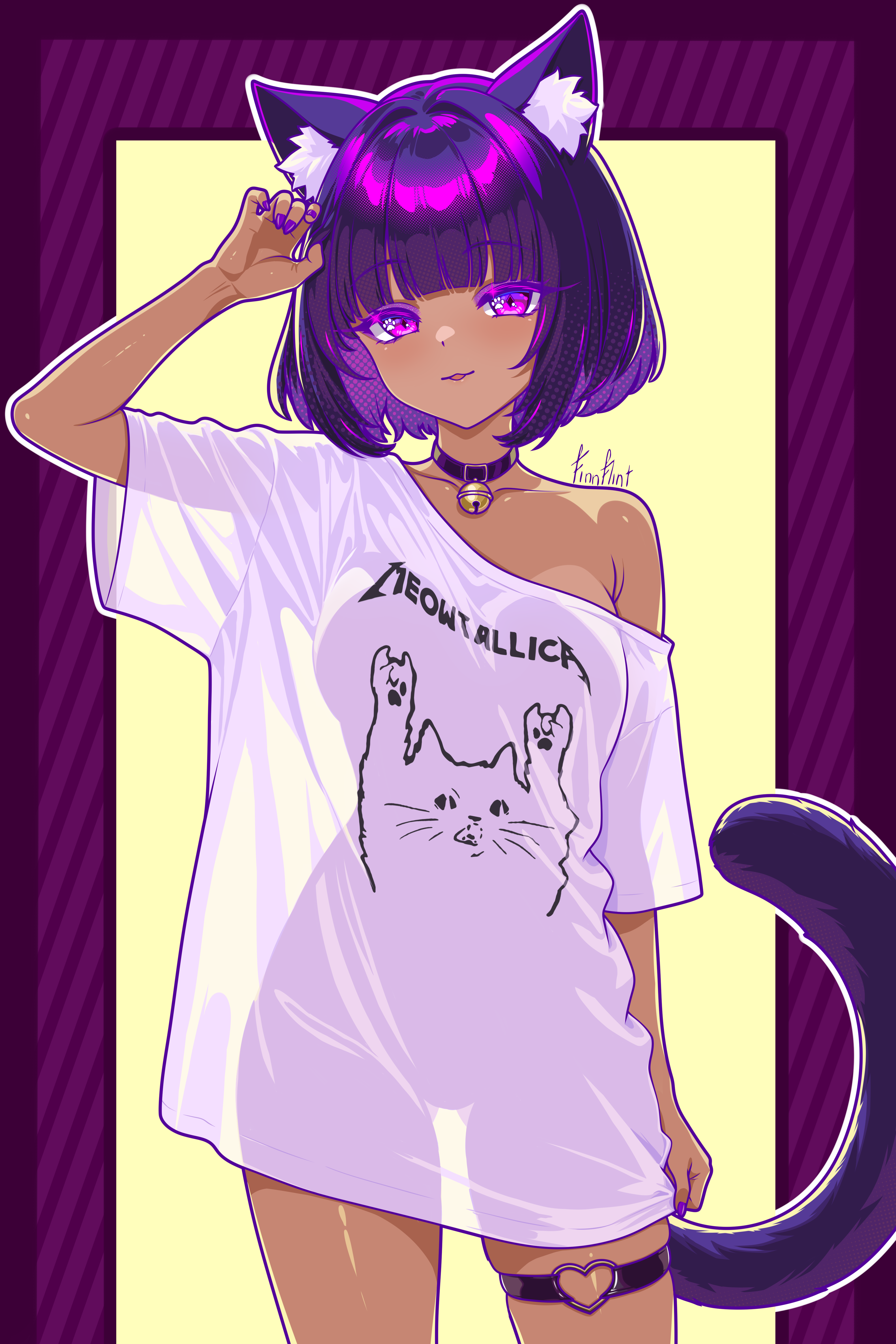 finn flint, finn flint (vtuber), indie virtual youtuber, absurdres, highres, 1girl, animal ears, animal print, arm at side, arm up, artist name, bell, black collar, black hair, breasts, cat ears, cat girl, cat print, cat tail, collar, dark-skinned female, dark skin, heart, heart o-ring, large breasts, looking at viewer, neck bell, o-ring, o-ring thigh strap, off shoulder, oversized clothes, oversized shirt, parted lips, purple eyes, purple hair, see-through clothes, see-through shirt, shirt, short hair, short sleeves, signature, simple background, single bare shoulder, smile, tail, thigh strap, virtual youtuber, white shirt