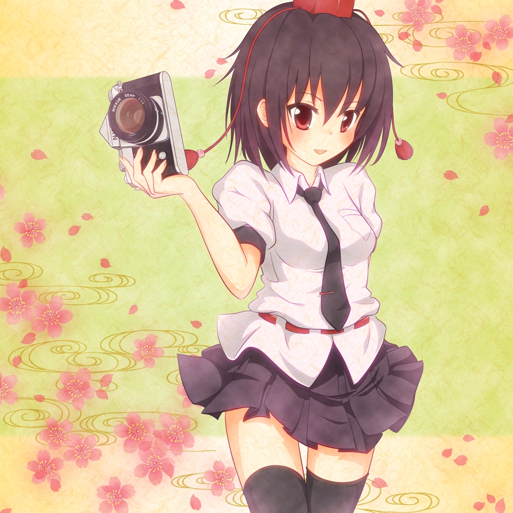 neo1031, shameimaru aya, touhou, bad id, bad pixiv id, 1girl, black hair, black thighhighs, camera, female focus, flower, hat, necktie, petals, pleated skirt, red eyes, skirt, solo, thighhighs, tokin hat, zettai ryouiki