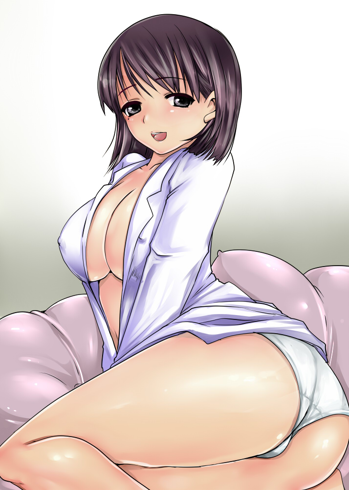 lagarto, anegasaki nene, love plus, bad id, bad pixiv id, 1girl, :d, ass, bottomless, breasts, brown eyes, brown hair, couch, covered erect nipples, female focus, large breasts, mole, mole under eye, nipples, no pants, open clothes, open mouth, open shirt, panties, shirt, simple background, smile, solo, underwear, white panties
