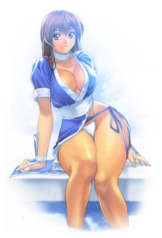 homare (fool's art), kasumi (doa), dead or alive, tecmo, 1girl, arm support, armor, breasts, brown eyes, brown hair, choker, cleavage, curvy, female focus, g-string, highleg, highleg panties, hip focus, japanese armor, japanese clothes, jewelry, kimono, kote, large breasts, legs, long hair, long legs, looking at viewer, necklace, ninja, no bra, obi, panties, parted lips, pelvic curtain, pool, poolside, sash, sitting, soaking feet, solo, tan, thighs, thong, underwear, white background, white panties, wide hips