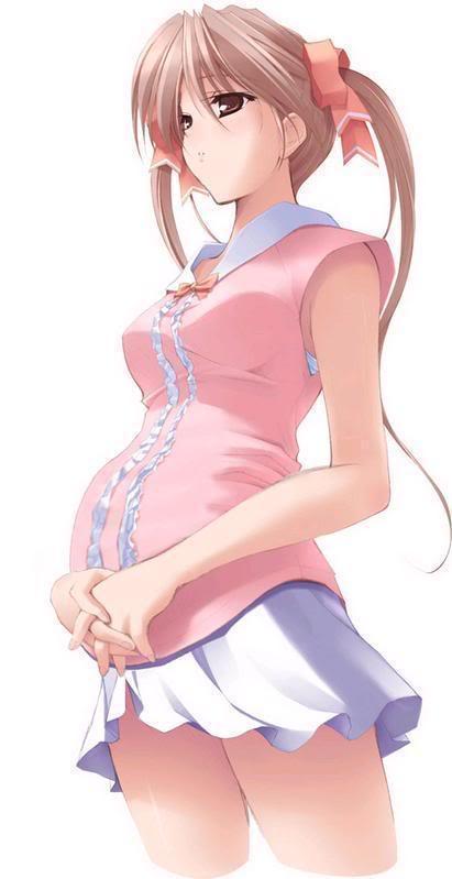 1girl, breasts, brown eyes, brown hair, female focus, hair ribbon, miniskirt, pregnant, ribbon, short twintails, skirt, solo, twintails, white background