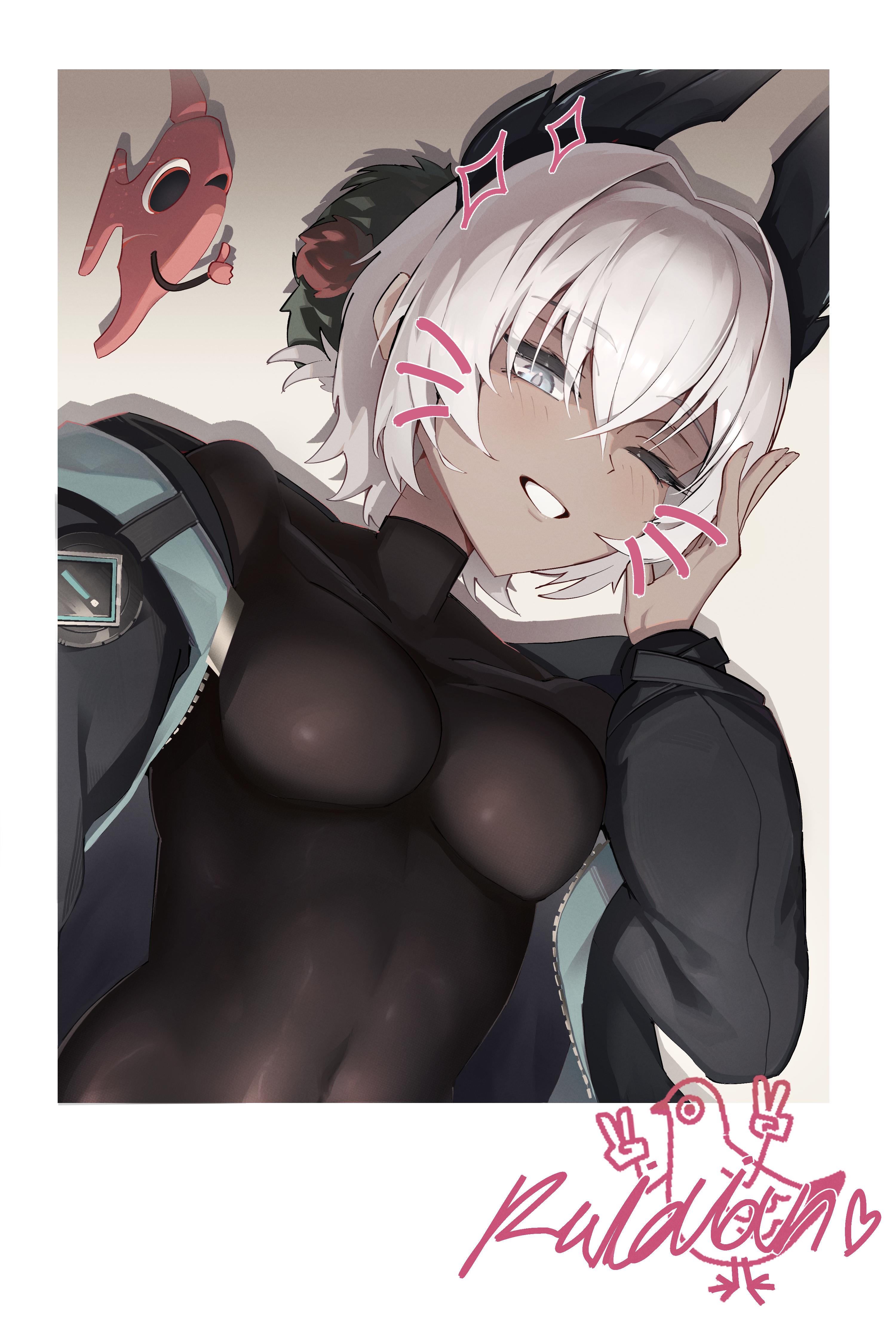 jambaeng, raidian (arknights), arknights, absurdres, commentary, highres, 1girl, aqua jacket, black background, black jacket, black shirt, black wings, blush, border, breasts, character name, collarbone, covered navel, fish, flower, gradient background, grey eyes, hair between eyes, hair flower, hair ornament, hand up, head wings, jacket, large breasts, looking at viewer, one eye closed, open clothes, open jacket, red flower, selfie, shirt, short hair, simple background, smile, solo, teeth, turtleneck, turtleneck shirt, unzipped, upper body, white background, white border, white hair, wings