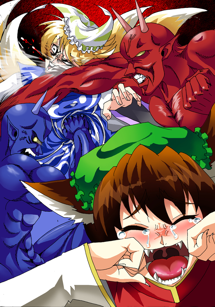 warugaki (sk-ii), chen, yakumo ran, touhou, 2girls, animal ears, battle, blue oni, cat ears, cat girl, closed eyes, crying, female focus, fighting, fox tail, hat, in the face, multiple girls, oni, open mouth, punching, red oni, stomach punch, tail, tears, thick eyebrows, uvula, violence