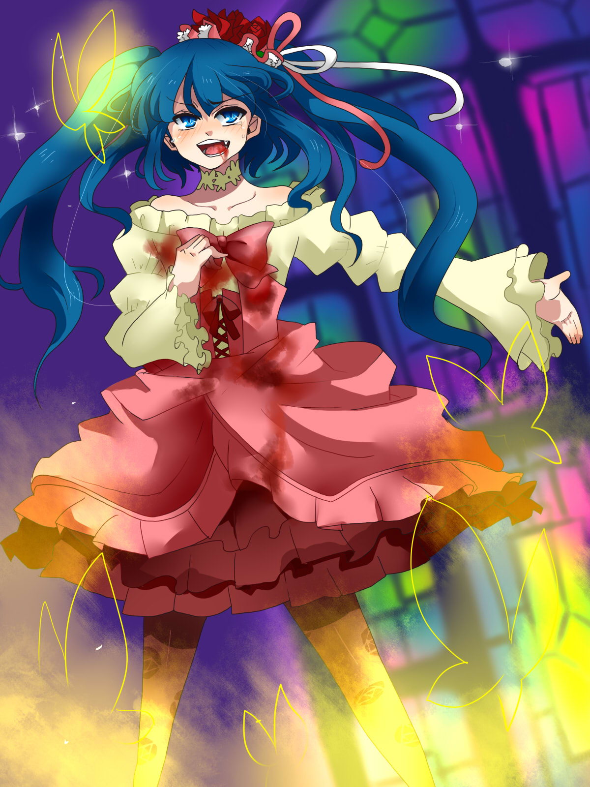 maon (hikouya), furudo erika, umineko no naku koro ni, bad id, bad pixiv id, highres, 00s, 1girl, bare shoulders, blood, blue eyes, blue hair, bow, bug, butterfly, choker, dress, fang, female focus, hair ornament, insect, matching hair/eyes, pantyhose, solo, strapless, strapless dress, tears, twintails