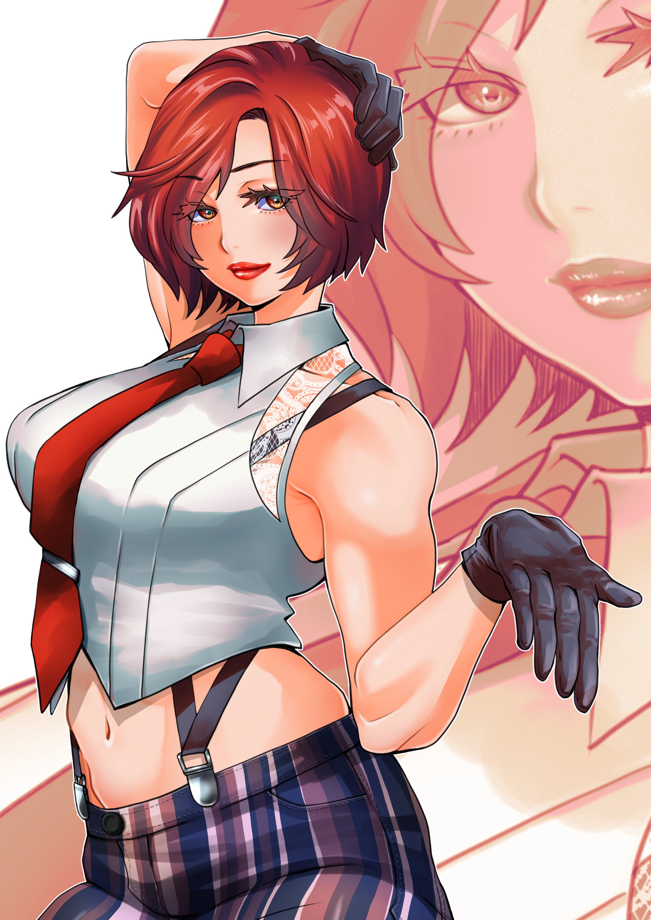 rosie rosie, vanessa (kof), the king of fighters, 1girl, breasts, brown eyes, female focus, formal clothes, gloves, hands up, huge breasts, large breasts, leather, pale skin, pants, red eyes, red hair, see-through clothes, see-through shirt, shirt, short hair, smile, standing, thick thighs, thighs, white shirt