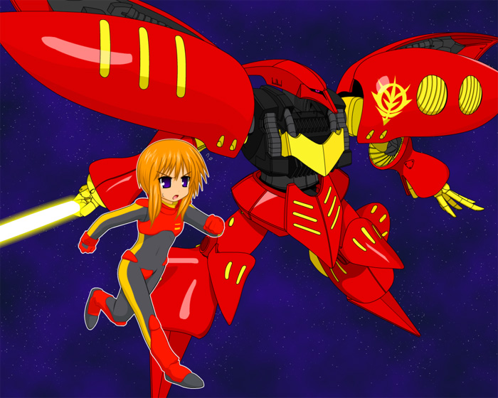 watarui, puru two, qubeley mk ii, gundam, gundam zz, bodysuit, mecha, nekomiya, purple eyes, robot, running, solo, space, sweat, sweatdrop