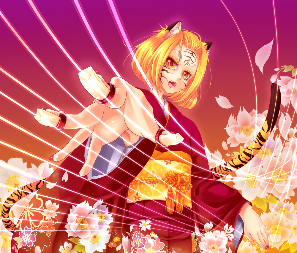 kazane chinya, original, bad id, bad pixiv id, animal ears, animal print, blonde hair, cat ears, cat tail, fangs, flower, japanese clothes, kimono, short hair, solo, string, tail, tiger ears, tiger print, tiger tail, yellow eyes