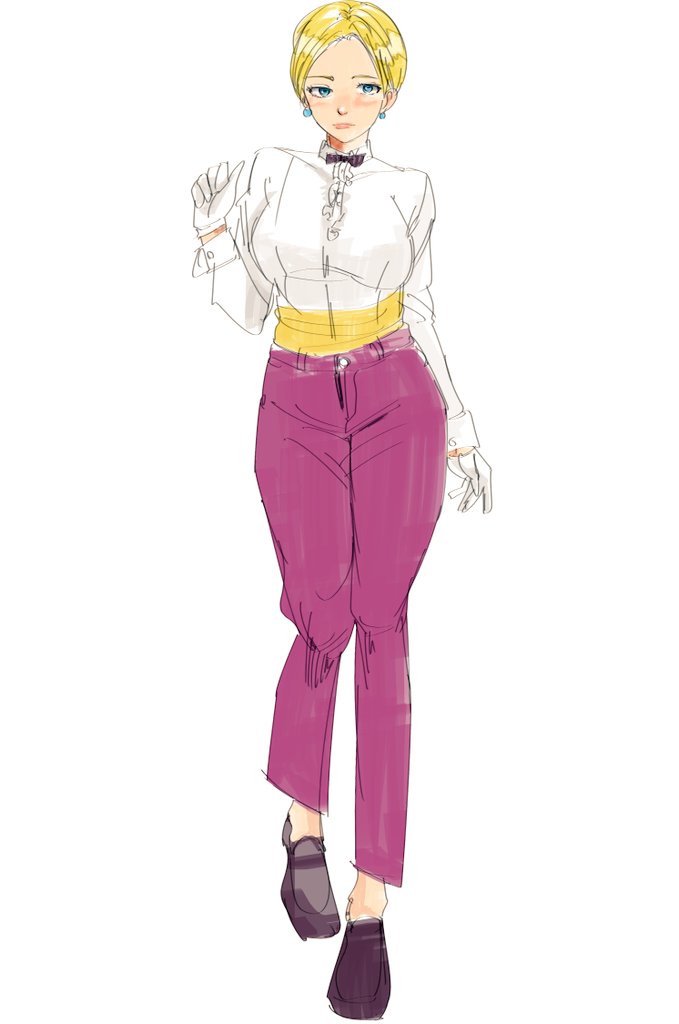 tucon b, king (snk), the king of fighters, 1girl, blonde hair, blue eyes, bow, breasts, curvy, earrings, formal clothes, gloves, jewelry, large breasts, pale skin, shirt, short hair, thick thighs, thighs, tuxedo