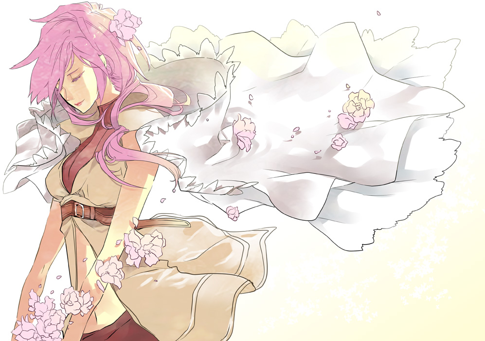 hyaku chi, lightning farron, final fantasy, final fantasy xiii, bad id, bad pixiv id, 10s, 1girl, belt, closed eyes, female focus, flower, gradient background, long hair, pink hair, solo, white background