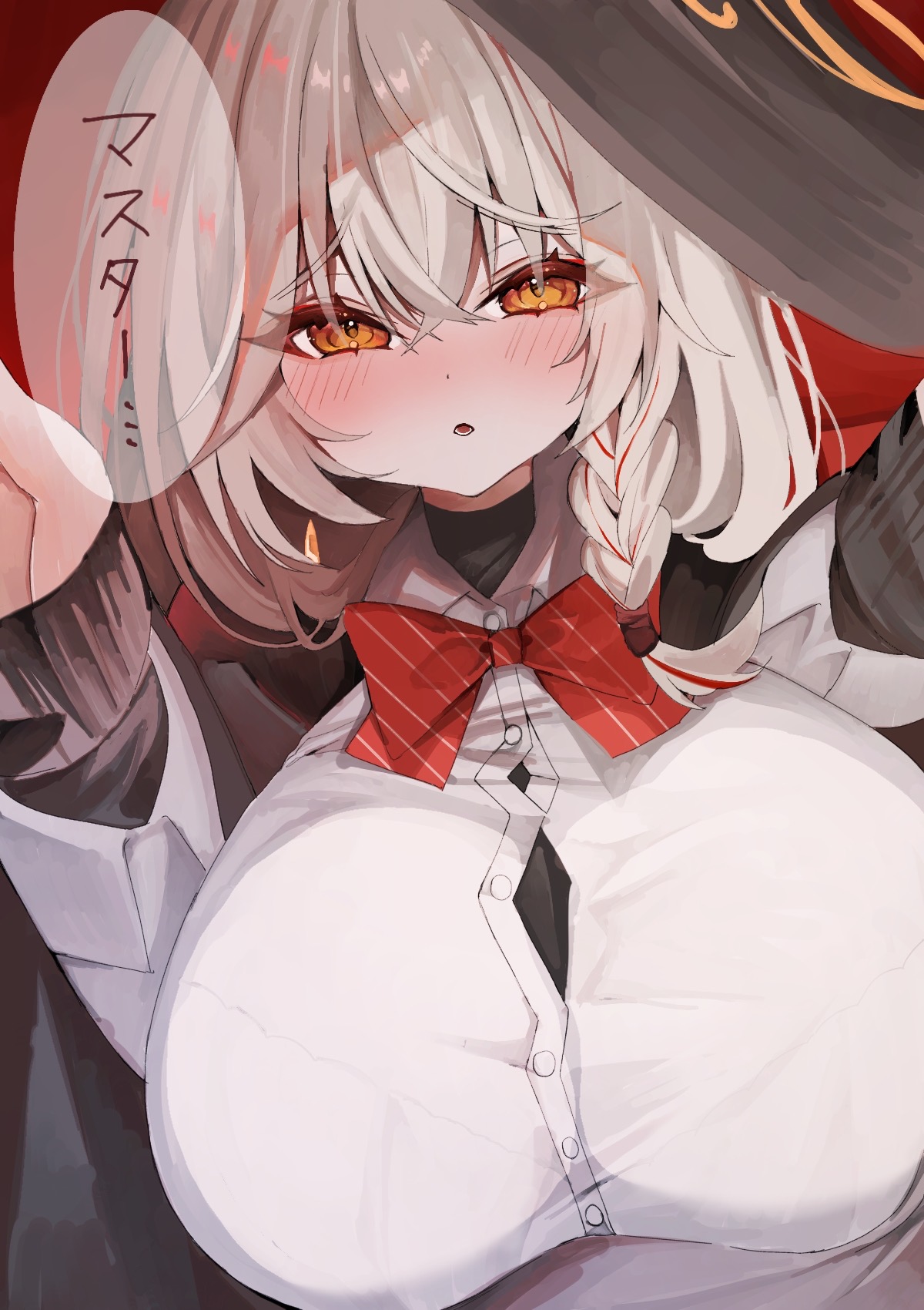 ichigo moka, eri (blue archive), blue archive, commentary request, highres, 1girl, alternate breast size (larger), black sweater, blush, bow, bowtie, braid, breasts, crossed bangs, diagonal-striped bow, diagonal-striped bowtie, diagonal-striped clothes, hair between eyes, hat, huge breasts, long hair, long sleeves, open mouth, orange eyes, reaching, reaching towards viewer, red bow, red bowtie, shirt, side halo, single braid, smile, solo, speech bubble, striped bow, striped bowtie, striped clothes, sweater, white hair, white shirt, witch hat