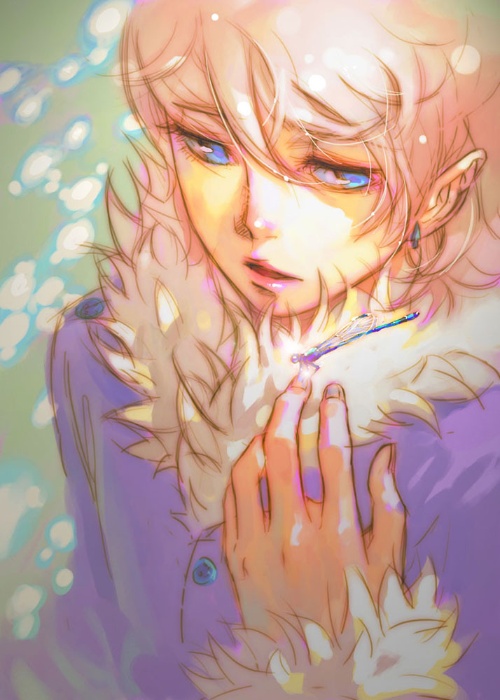 kyosa, blonde hair, blue eyes, bug, coat, dragonfly, earrings, fur coat, insect, jewelry, open mouth, short hair, solo