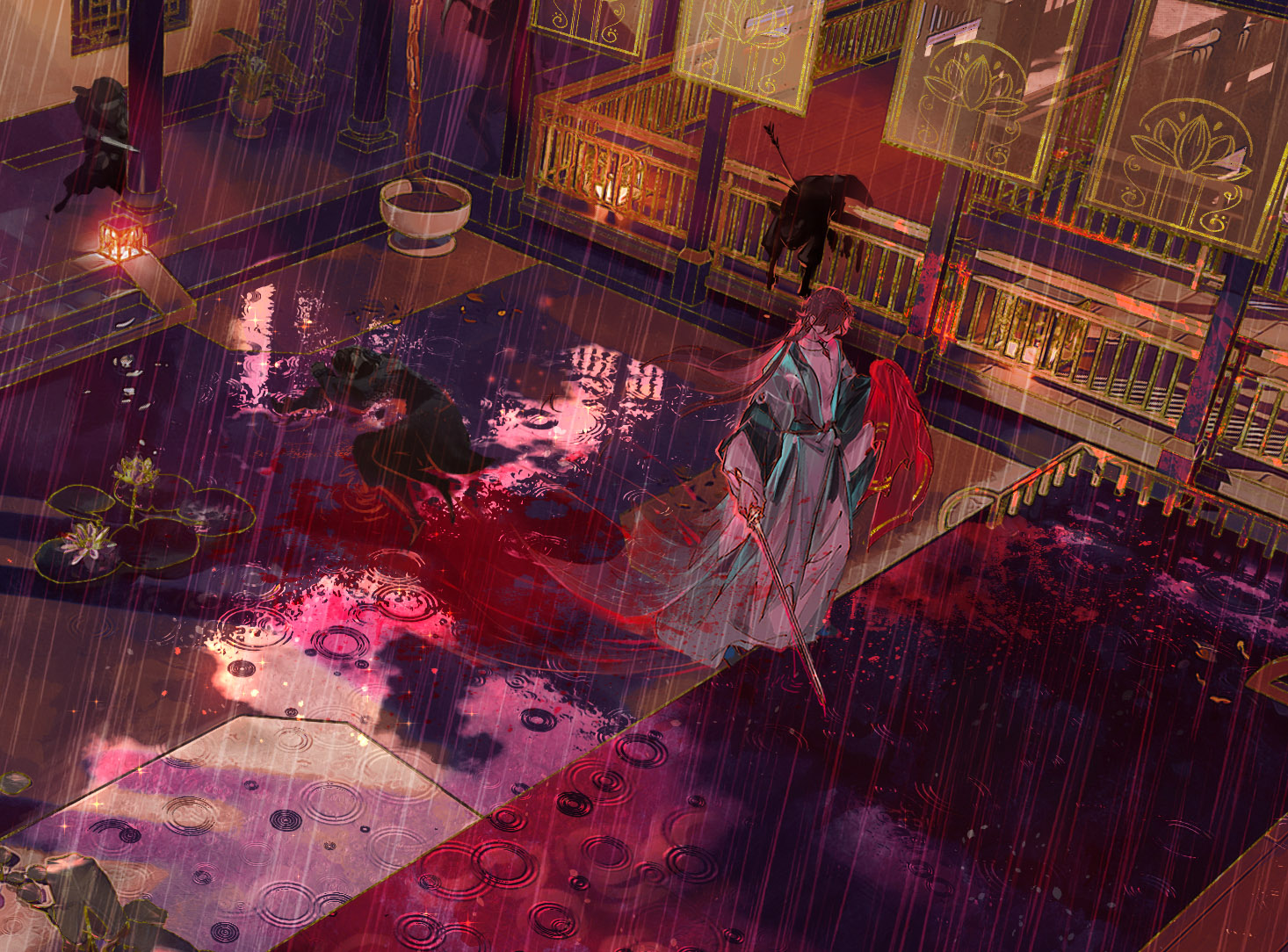 hua yi shanxin zhiyue, chinese commentary, commentary request, 1boy, 4others, ambiguous gender, aqua coat, architecture, arrow (projectile), arrow in body, assassin, bare tree, black robe, blood, blood splatter, bloody weapon, brown hair, building, cape, chinese clothes, coat, corpse, covered eyes, dagger, daxiushan, east asian architecture, flower, from above, full body, hanfu, holding, holding dagger, holding knife, holding sword, holding unworn cape, holding unworn clothes, holding weapon, hood, hood up, hua chen, implied murder, iyi3d, knife, lantern, lily pad, long hair, long sleeves, looking at object, male focus, multiple others, outdoors, paper lantern, pillar, pink flower, plant, potted plant, railing, red cape, red sky, red theme, ripples, robe, sky, standing, sword, tile roof, tree, unworn cape, water lily flower, weapon, white hanfu, white robe, wide sleeves