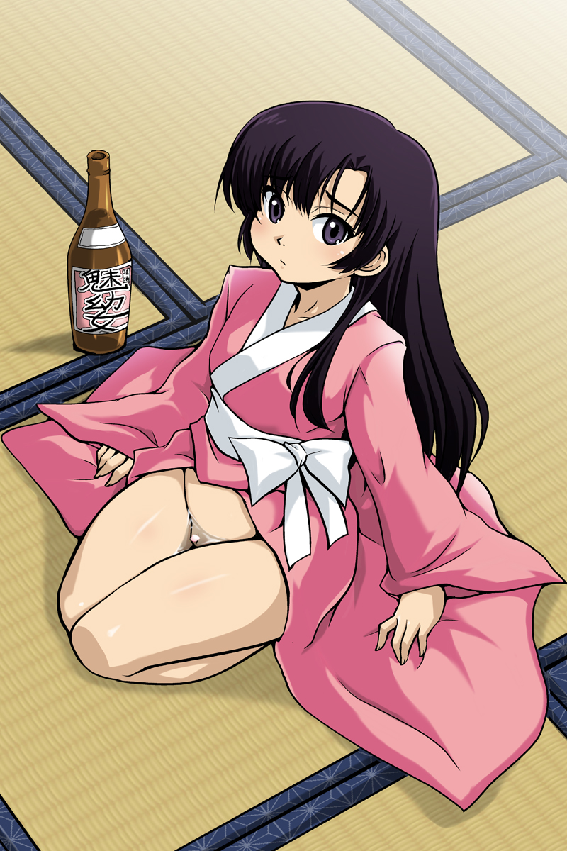 ryumage, kuhouin murasaki, kure-nai, kurenai, highres, 00s, 1girl, alcohol, black hair, bottle, censored, convenient censoring, female focus, japanese clothes, kimono, long hair, no panties, open clothes, open kimono, sake, solo, tatami, wakamezake