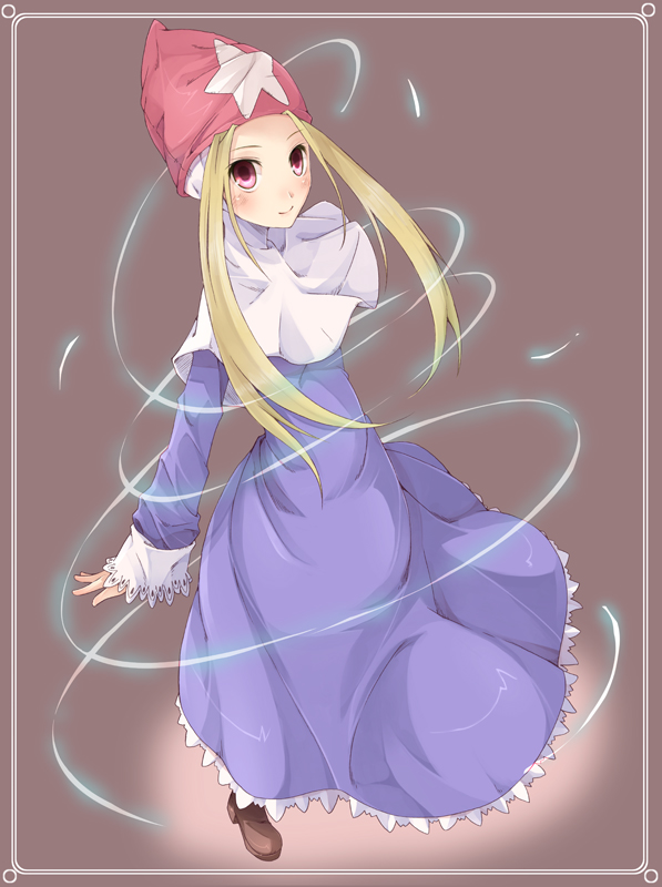 mizuzono, time mage, time mage (fft), final fantasy, final fantasy tactics, bad id, bad pixiv id, blonde hair, hat, long hair, long sleeves, red eyes, robe, shoes, solo
