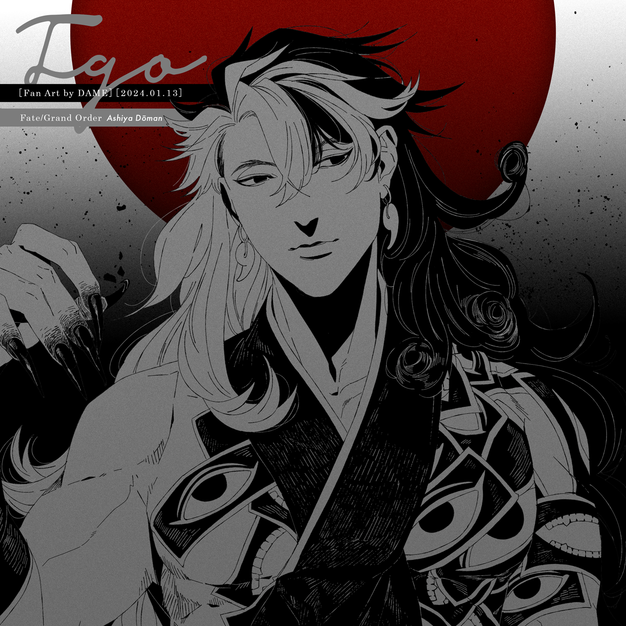 dame (dame ice), ashiya douman (fate), fate/grand order, fate (series), commentary request, highres, 1boy, bell, collarbone, curly hair, earrings, fingernails, gradient background, greyscale, hair bell, hair between eyes, hair ornament, jewelry, magatama, magatama earrings, male focus, monochrome, multicolored hair, sharp fingernails, sideways glance, solo, split-color hair, spot color