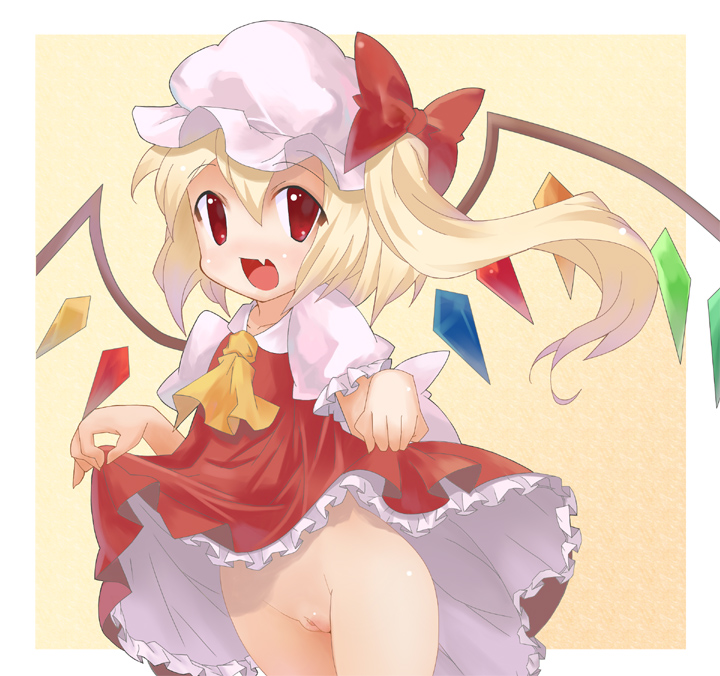 tsudero, flandre scarlet, embodiment of scarlet devil, touhou, bad id, bad pixiv id, 1girl, blonde hair, cleft of venus, clothes lift, dress, dress lift, fang, female focus, loli, no panties, pussy, solo, uncensored, upskirt