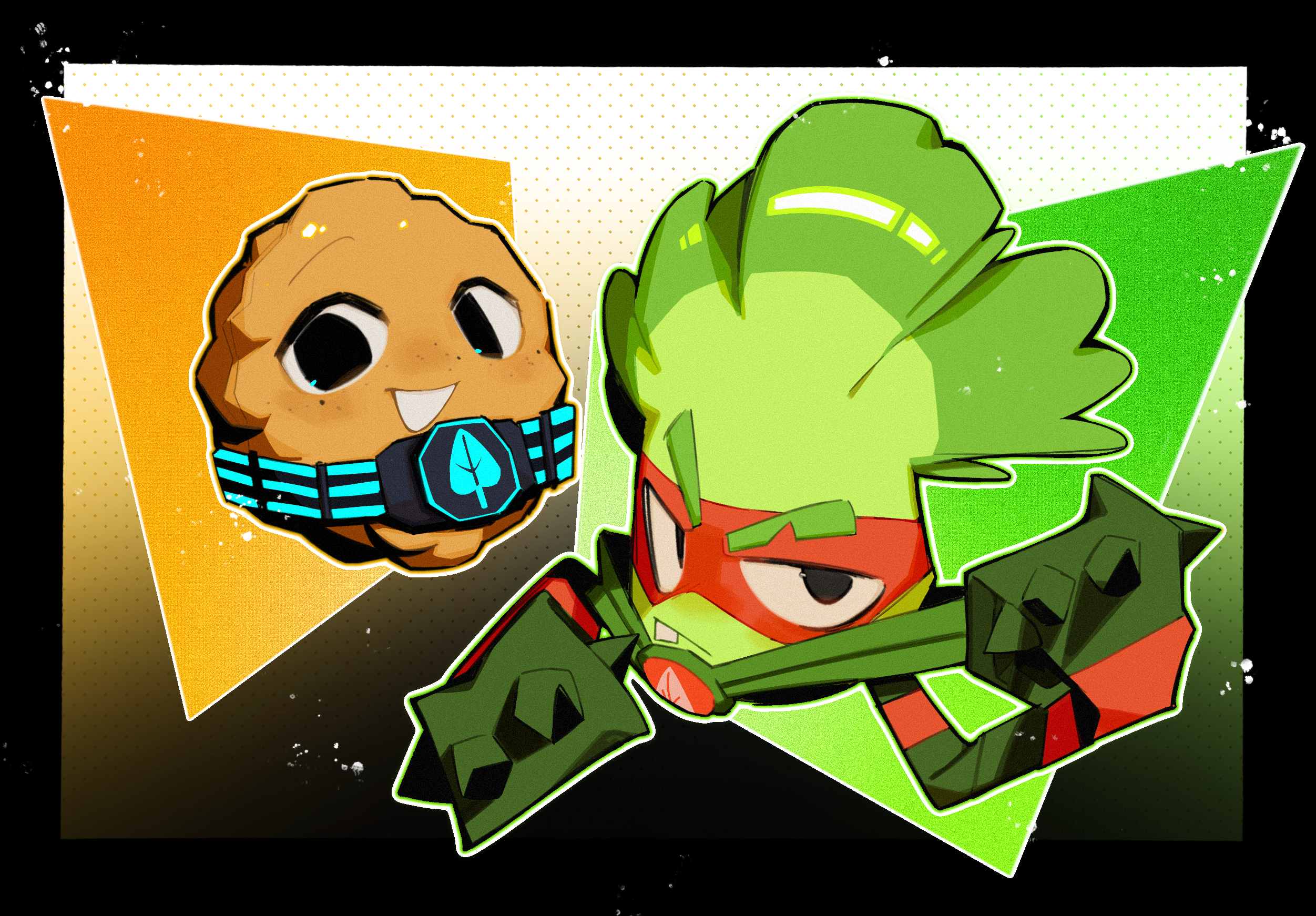 grass knuckles (plants vs. zombies), plants vs. zombies, plants vs. zombies heroes, chinese commentary, commentary request, highres, procreate (medium), :d, belt, black background, black belt, black border, black eyes, border, brown background, eye mask, film grain, freckles, gauntlets, gradient background, green background, grin, light particles, looking at viewer, mask, no humans, no pupils, nut (food), open mouth, outline, outside border, polka dot, polka dot background, red mask, side-by-side, simple background, smile, thick eyebrows, tooth, v-shaped eyebrows, wall-knight (plants vs. zombies), white background, white outline, zihan (zihan86137)