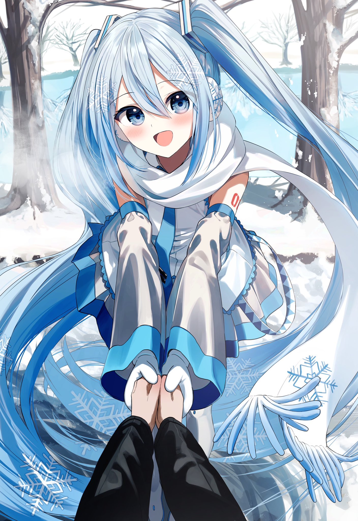 pentagon (railgun ky1206), hatsune miku, yuki miku, vocaloid, commentary request, highres, 1girl, :d, blue eyes, blue hair, blue necktie, detached sleeves, earmuffs, grey skirt, grey sleeves, hair between eyes, holding hands, long hair, long sleeves, looking at viewer, mittens, necktie, number tattoo, open mouth, outdoors, pov, pov hands, scarf, shirt, skirt, sleeveless, sleeveless shirt, smile, snow, solo focus, tattoo, tree, twintails, very long hair, white mittens, white scarf, white shirt, winter