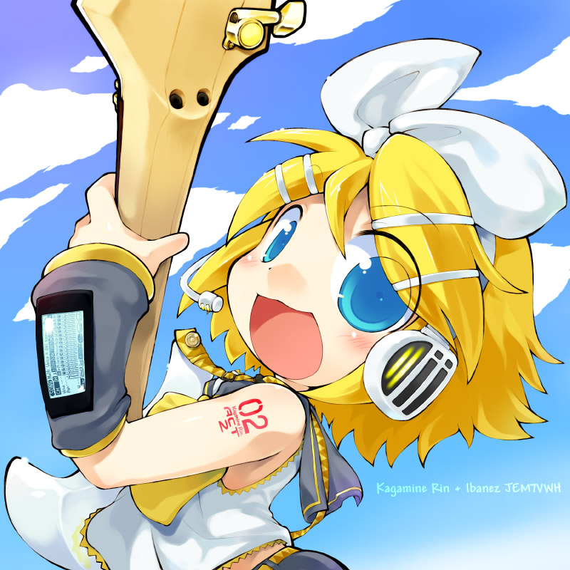 sakurabe notos, kagamine rin, vocaloid, arched back, bare shoulders, blonde hair, blue eyes, detached sleeves, guitar, hair ornament, hair ribbon, hairclip, headset, instrument, ribbon, short hair, solo