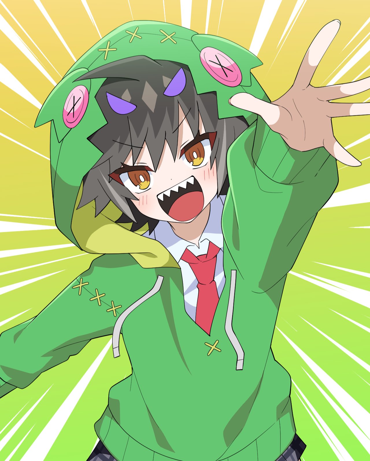 dragon musume ni naritakunai!, duel masters, artist request, commentary request, highres, official art, 1girl, animal hood, black hair, green hoodie, hood, hood up, hoodie, hoshi feruki, multicolored hair, necktie, open mouth, orange eyes, purple hair, reaching, reaching towards viewer, red necktie, sharp teeth, shirt, short hair, solo, teeth, upper body, upper teeth only, white shirt