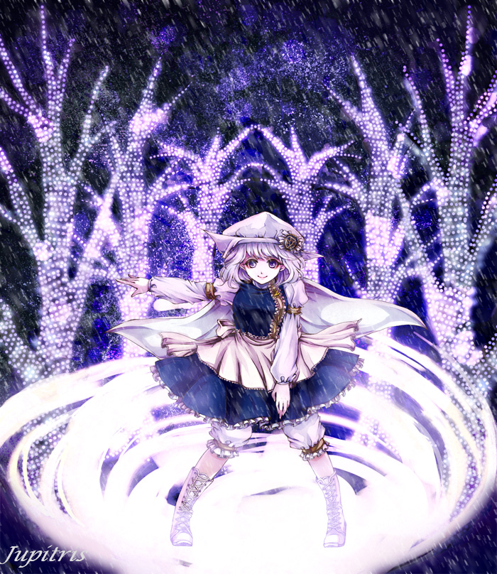 jupitris, letty whiterock, touhou, bad id, bad pixiv id, derivative work, 1girl, blue eyes, blue hair, boots, cape, female focus, hat, matching hair/eyes, snow, solo, tree, winter